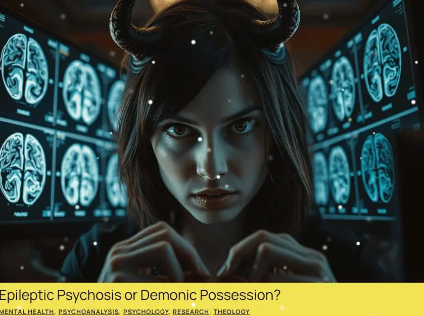 A woman with horns gazes intently at the viewer, surrounded by images of brain scans, representing themes of mental health and demonic possession.
