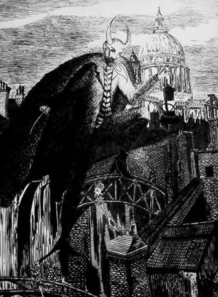 A dramatic black and white illustration of a figure with horns and a cloak standing on top of a cityscape, featuring intricate buildings and a dome in the background.