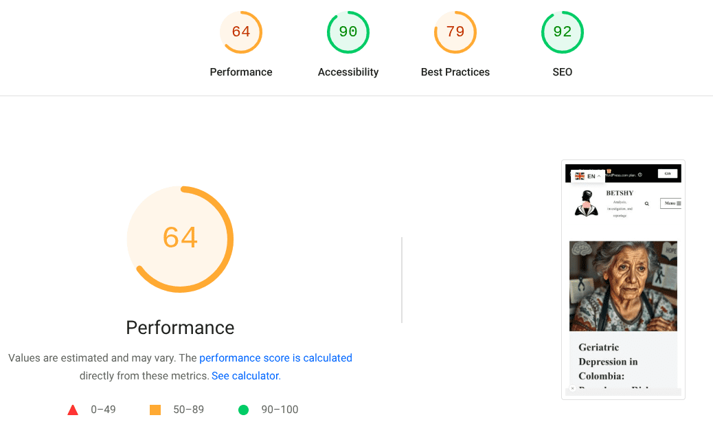 Performance metrics overview with scores displayed in circular graphs and a mobile website preview featuring an elderly woman's portrait and article title.