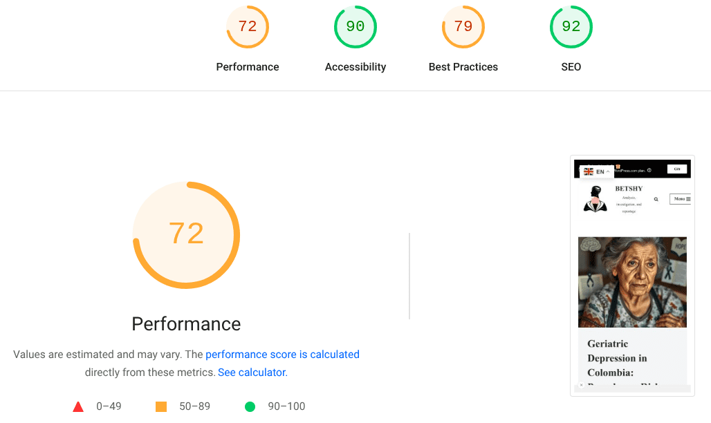 A performance metrics dashboard showing scores for Performance, Accessibility, Best Practices, and SEO with associated values for each category.