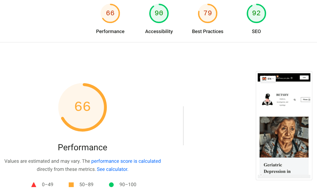 Performance metric display showing a score of 66, with sections for Accessibility, Best Practices, and SEO ratings, alongside a visual of a website layout featuring a portrait and titles.