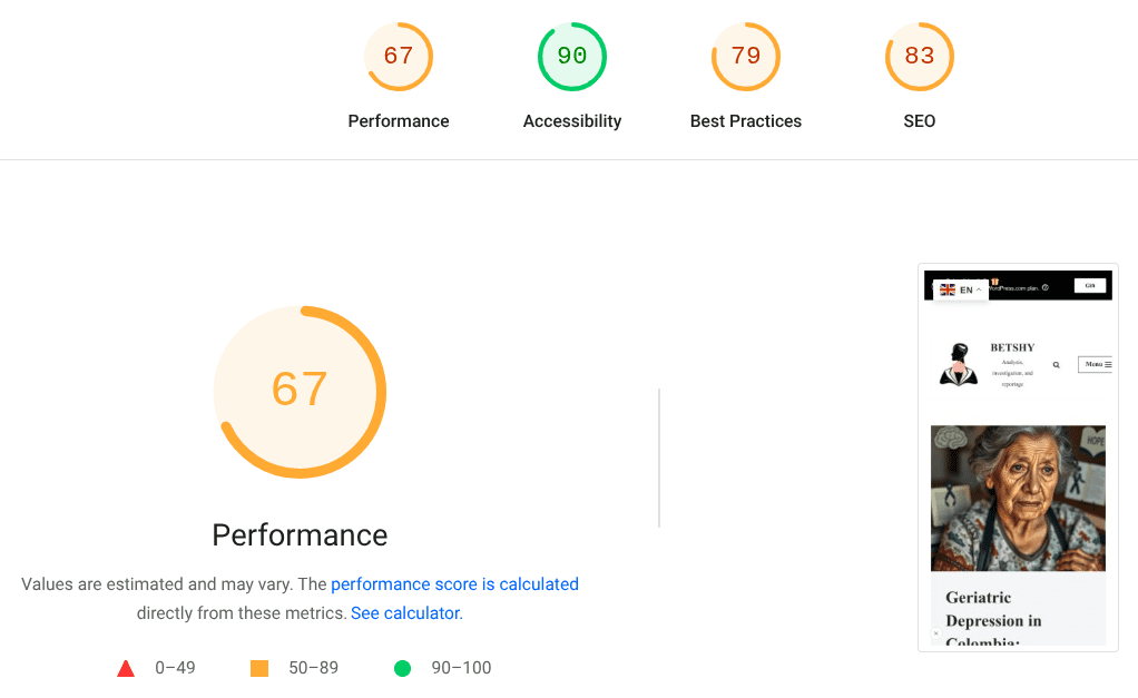 Performance score metrics with a score of 67, accessibility score of 90, best practices score of 79, and SEO score of 83 displayed in a dashboard style.