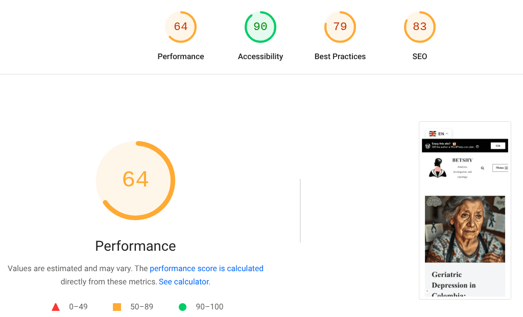 A performance overview from a website analysis tool displaying scores for Performance, Accessibility, Best Practices, and SEO, with a notable score of 90 for Accessibility.