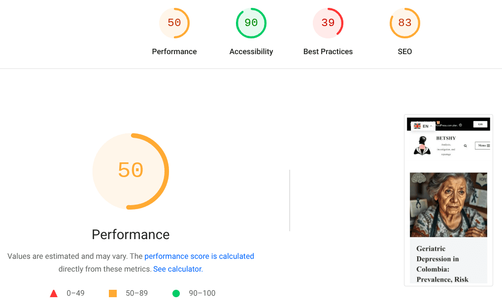 Screenshot showing a website performance report with metrics for performance, accessibility, best practices, and SEO scores.
