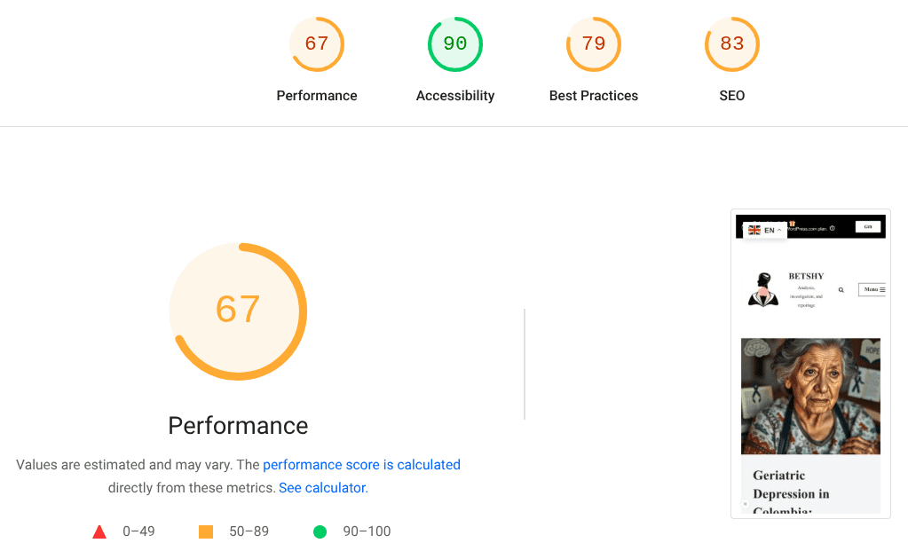 Dashboard displaying performance, accessibility, best practices, and SEO scores with detailed metrics and a visual representation.
