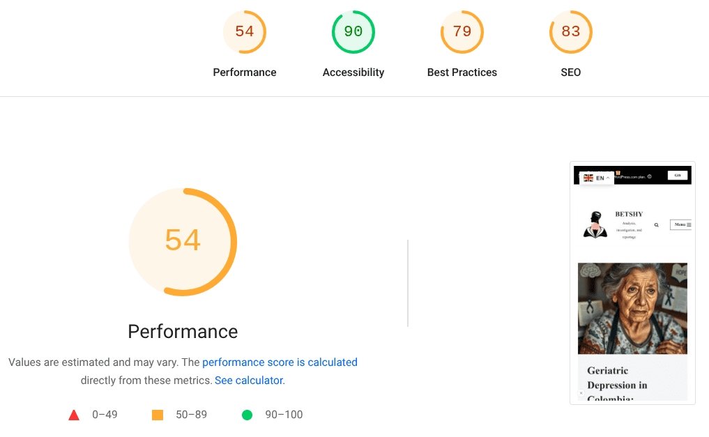 Performance score indicator showing a score of 54, along with accessibility, best practices, and SEO scores. The interface includes a mobile view of a website featuring a portrait of an elderly woman.
