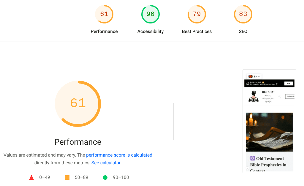 Performance metrics analysis with scores displayed for performance, accessibility, best practices, and SEO.