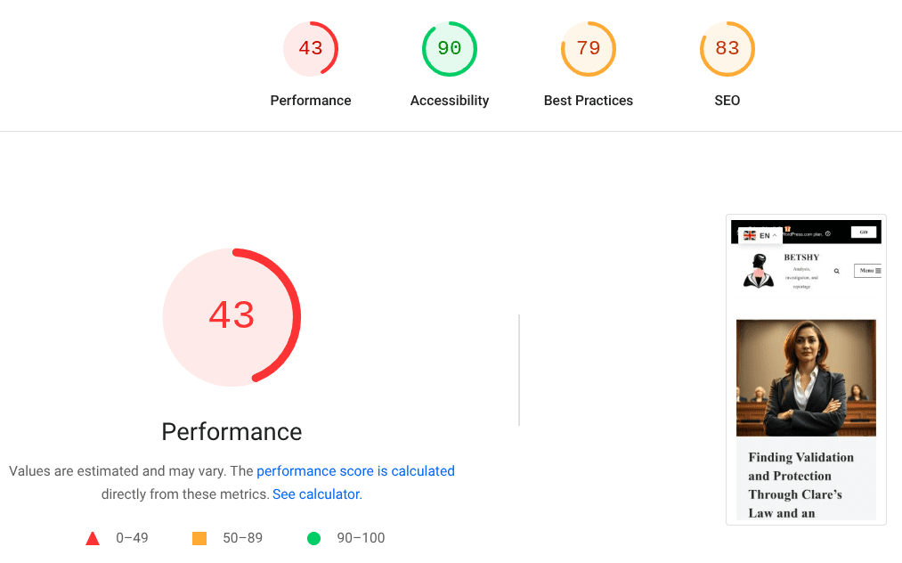 A detailed performance evaluation report showcasing metrics for performance, accessibility, best practices, and SEO on a website.