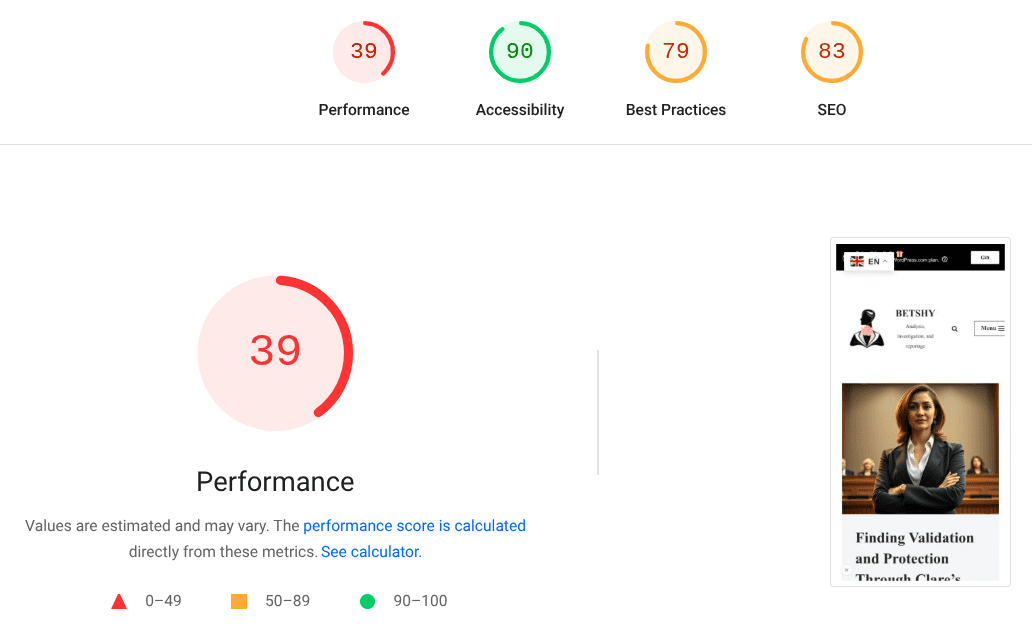 Screenshot of a performance overview dashboard displaying metrics for performance, accessibility, best practices, and SEO scores, with a low performance score of 39.