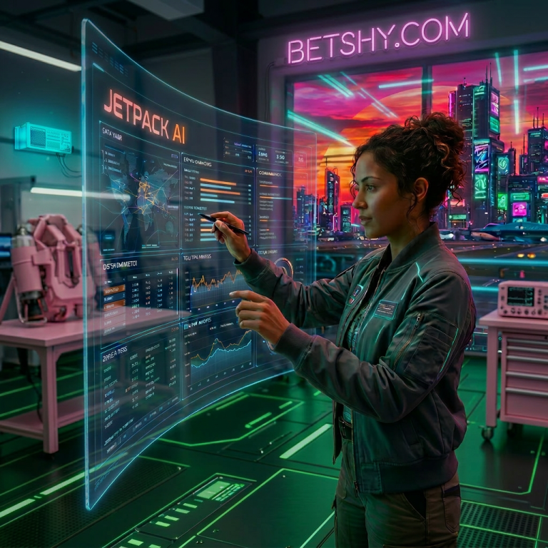 Woman using a transparent curved touchscreen displaying AI data and world maps