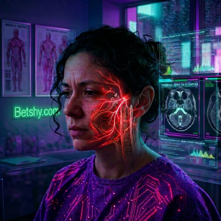 Side view of a woman with trigeminal nerve highlighted on face and brain anatomy overlay
