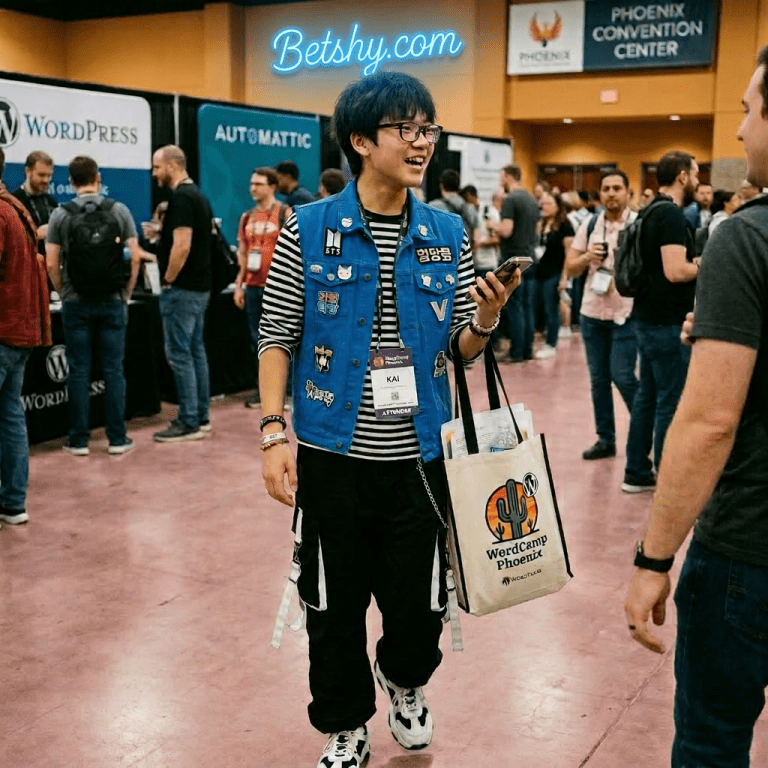 Young attendee smiling and holding a phone and a WordCamp Phoenix tote bag at a conference
